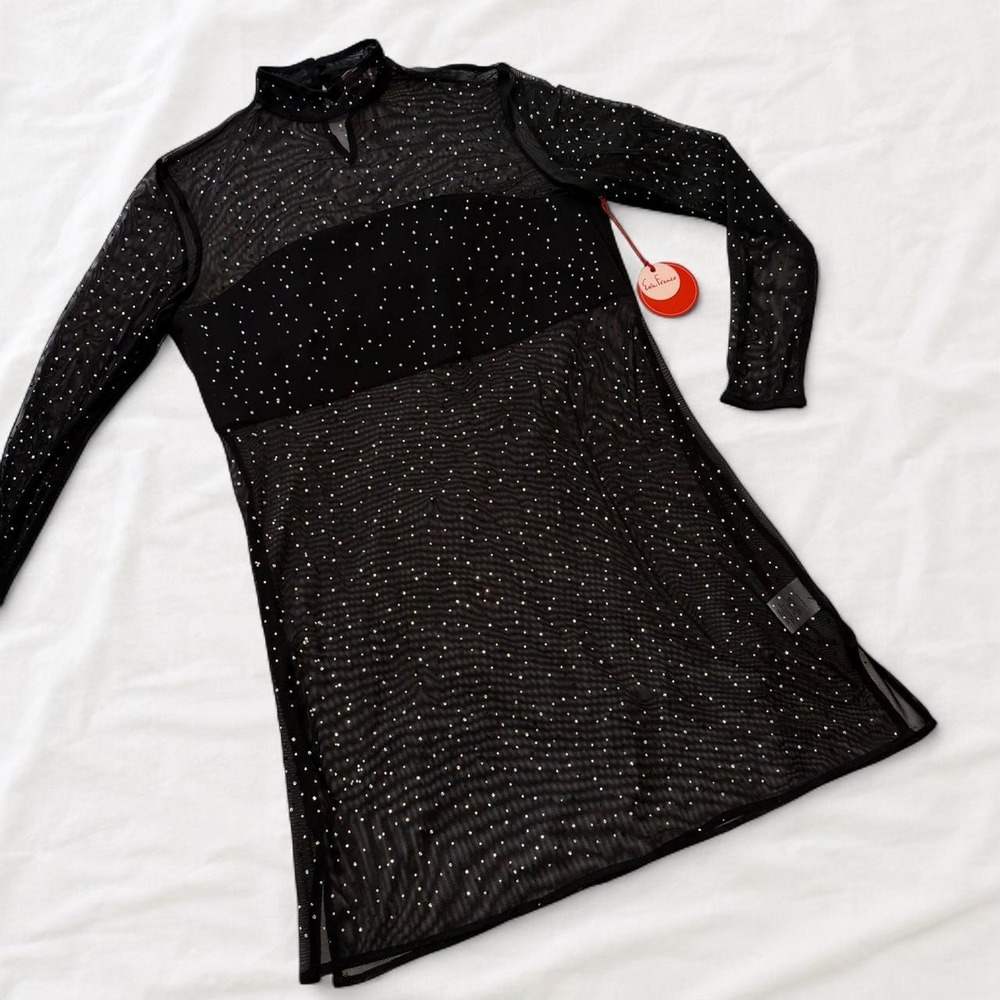 Eva Franco Starlight Sheer Mesh Tunic Dress Black Iridescent Rhinestone XS NWT